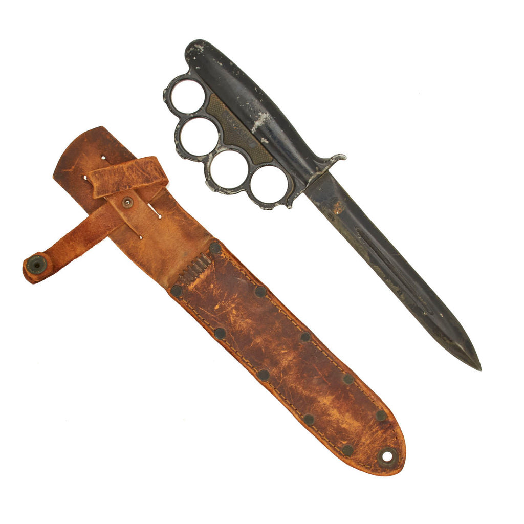 Original Rare U.S. WWII Everitt Black Handle Knuckle Fighting Knife with Scabbard Original Items
