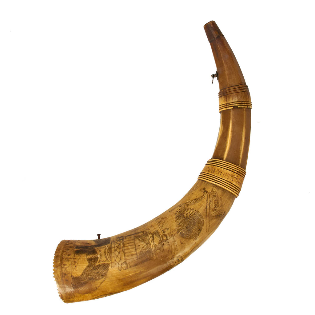 Original British Early 19th Century Hand Carved Scrimshaw Powder Horn Linked to Penal Colony Transports Original Items