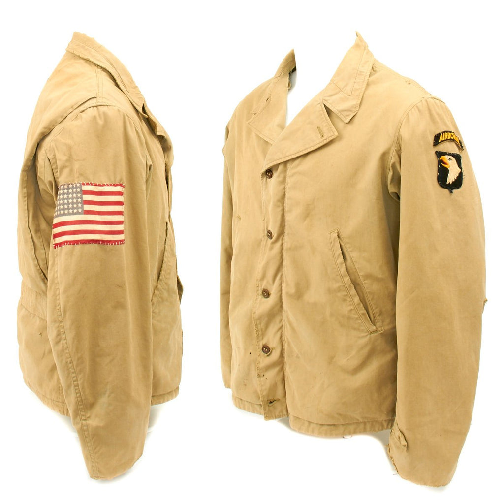 Original U.S. WWII 101st Airborne Division M-1941 Field Jacket with D-Day Invasion Flag Patch Original Items