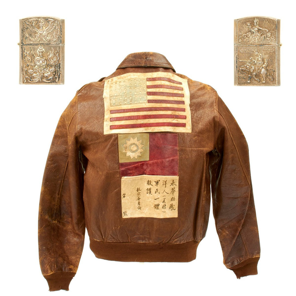 Original U.S. WWII China Burma India Theater A2 Leather Flight Jacket with Sterling Silver Lighter Original Items