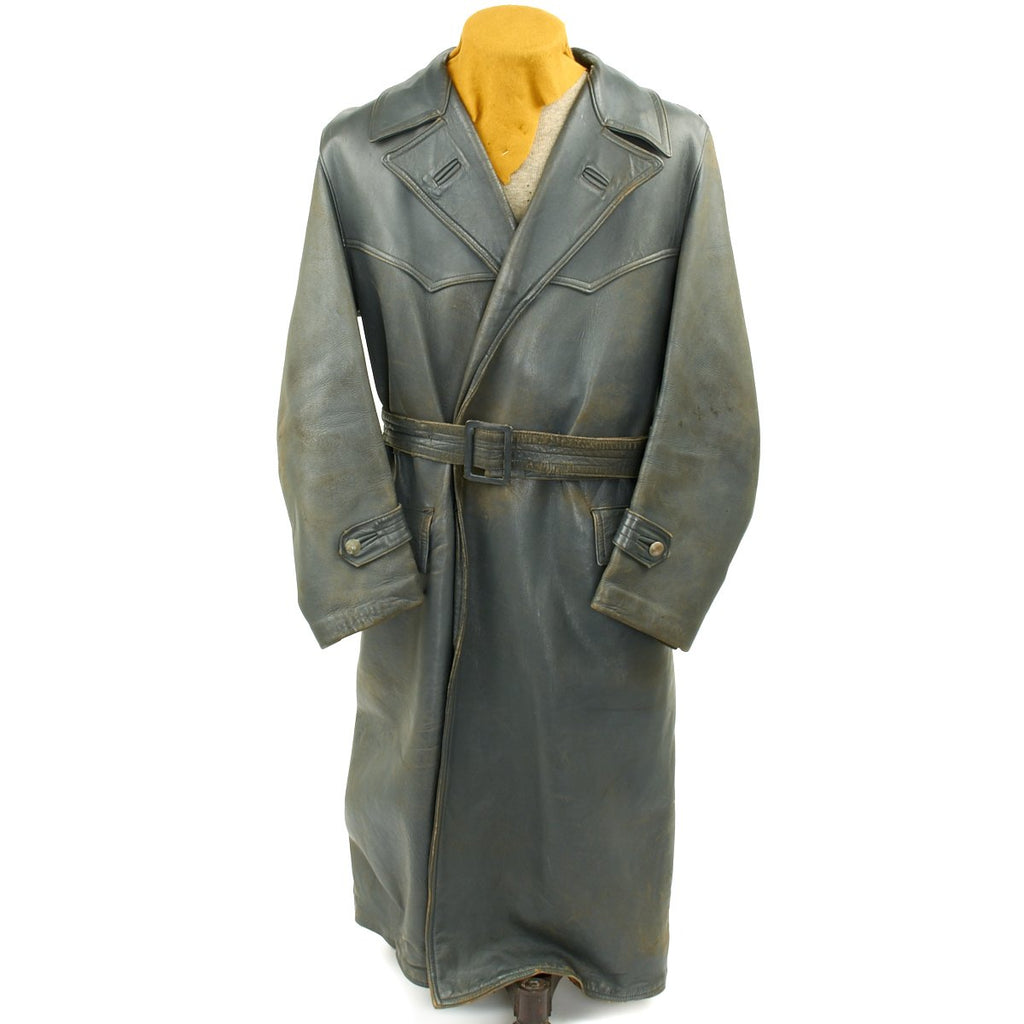 Original German WWII Luftwaffe Officer Grey Leather Greatcoat - Size 42 Original Items