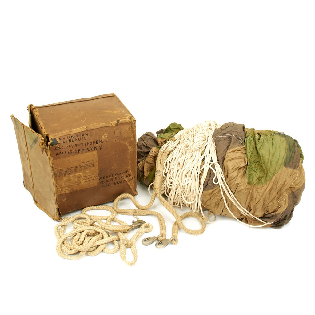 Original German WWII Luftwaffe Camouflage Fallschirmjager Paratrooper Complete RZ20 Parachute in Bring Home Box with Certificate - Dated 1942 Original Items