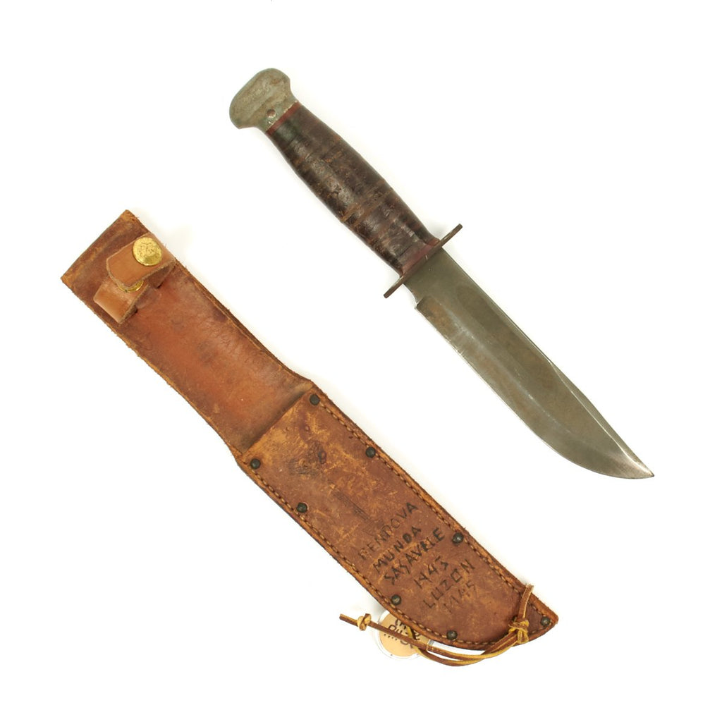 Original U.S. WWII RH Pal 36 Fighting Knife with Personalized Pacific Theater Leather Scabbard Original Items