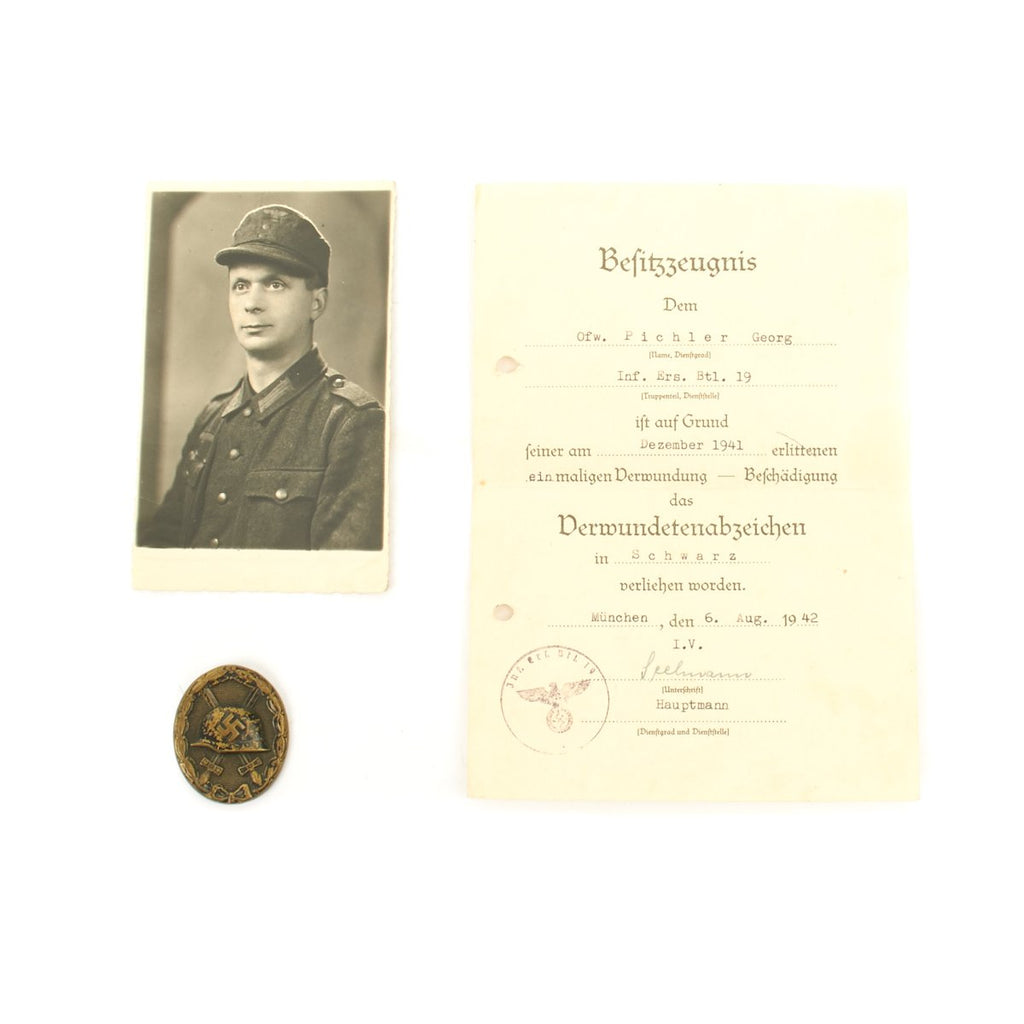 Original German WWII Black Wound Badge with Named Award Document and Photo - Dated 1942 Original Items