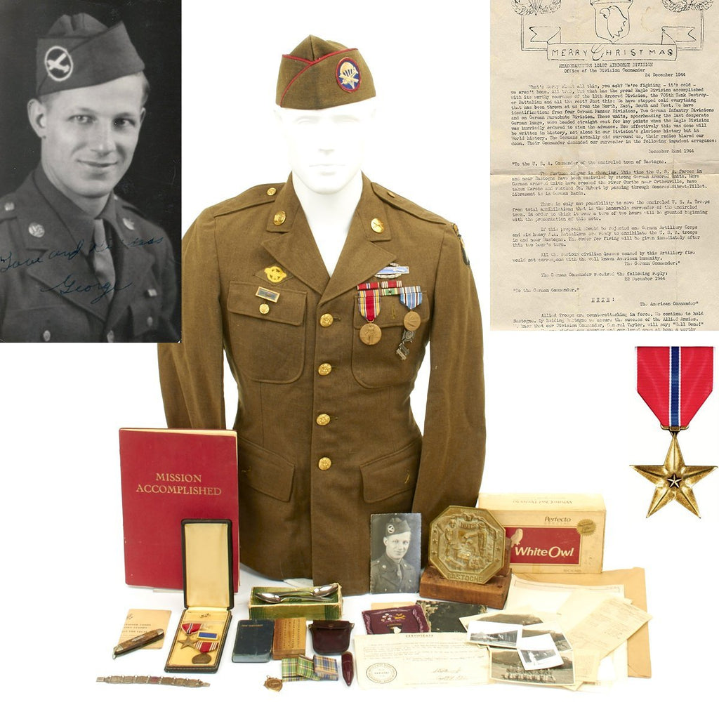 Original U.S. WWII 321st Glider Field Artillery Battalion Named Grouping with Bastogne NUTS Letter Original Items