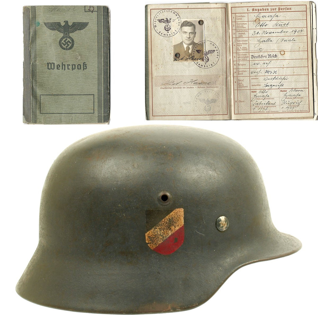 Original German WWII Named Luftwaffe M35 Double Decal Helmet with Matching Wehrpass Original Items