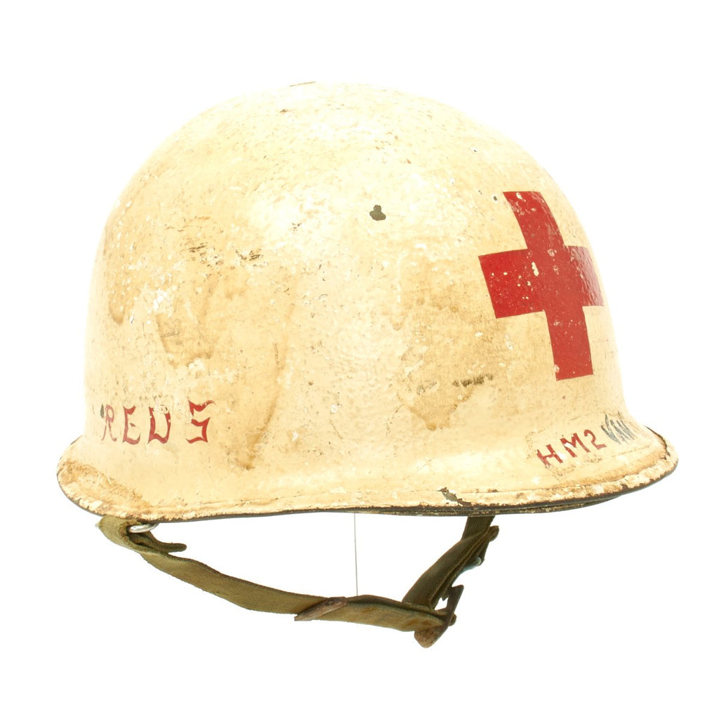 Original WWII U.S. Medic Schlueter Rear Seam M1 Helmet with Westinghouse Liner Original Items