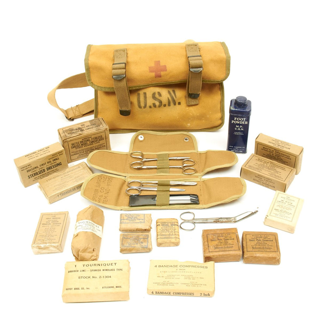 Original U.S. WWII U. S. Navy First Aid Medical Corpsman Complete Medical Kit with Shoulder Bag Original Items