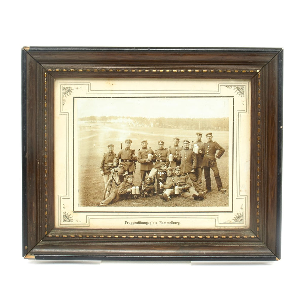 Original German Pre-WWI Wood Framed Photograph of Soldiers Drinking Beer at Hammelburg Training Area - Dated 1901 Original Items