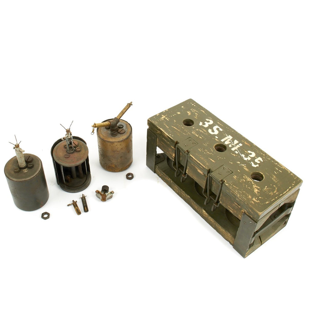 Original WWII German Bouncing Betty S-Mines in Transit Chest with Fuses - 1940 Dated Original Items