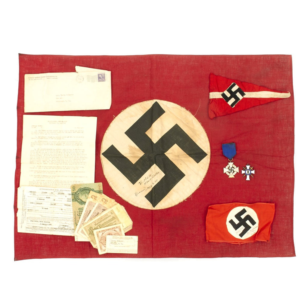 Original U.S. WWII Named German Trophies of War Bring Back Set - Flags, Arm Band, Medals, Money Original Items