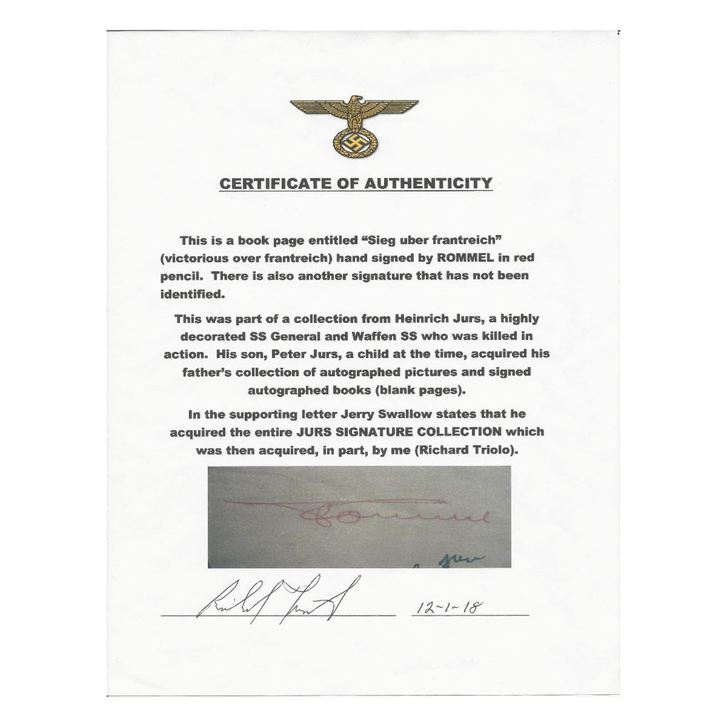 Original German WWII Signature of Field Marshal Erwin Rommel