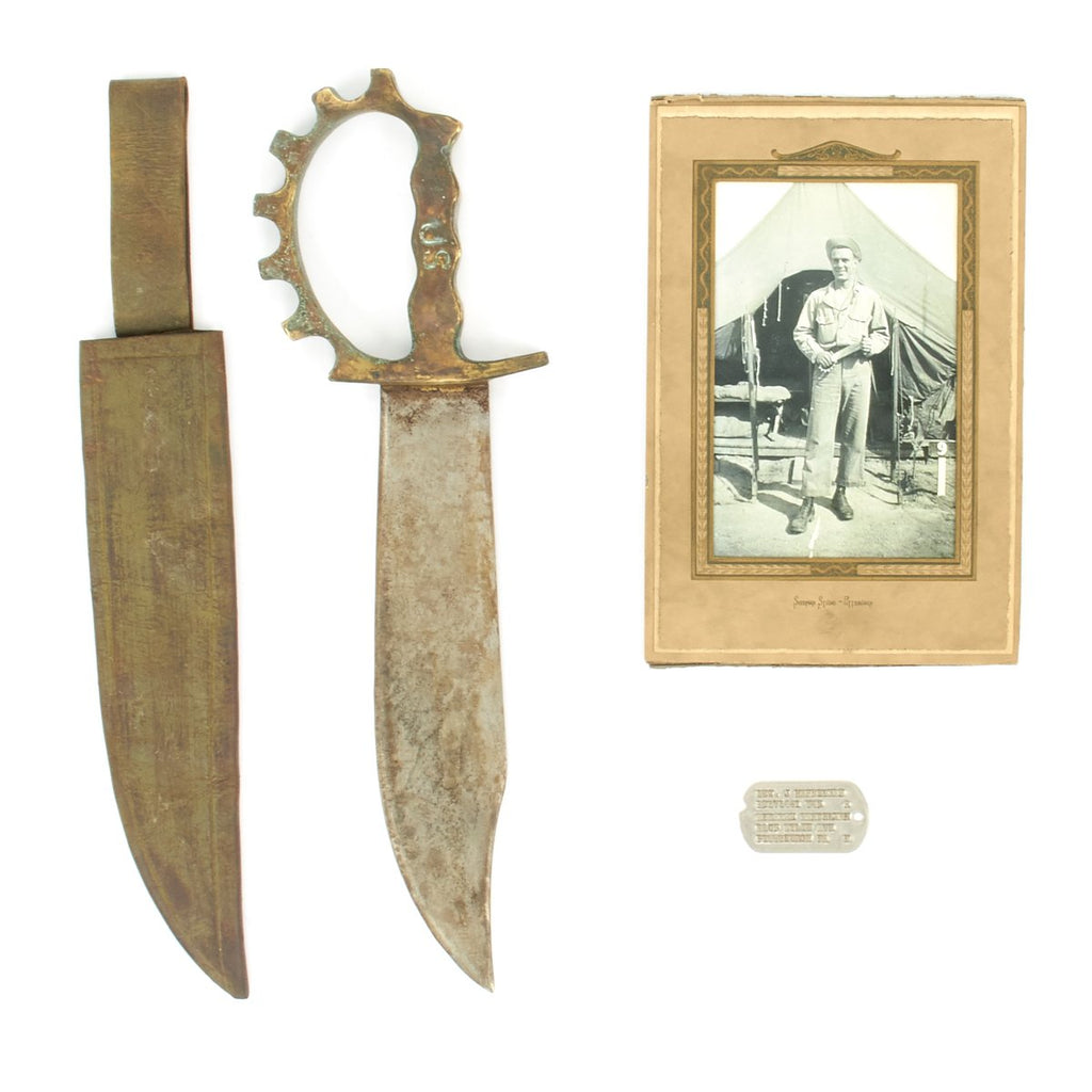 Original U.S. WWII 1st Battalion Ranger Aussie Large Cog Guard Knuckle Fighting Knife - Identified Owner Original Items