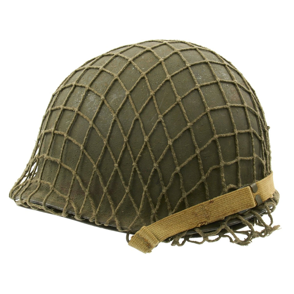 Original U.S. WWII 1944 M1 McCord Front Seam Swivel Bale Helmet with Firestone Liner and Net Original Items
