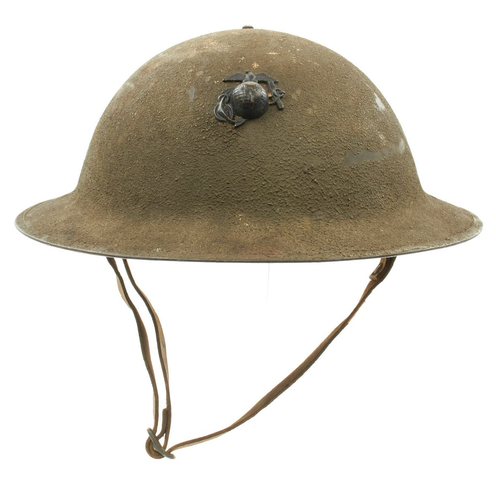 Original WWI U.S. Marine Corps M1917 Doughboy Helmet with Textured Paint and Intact Liner and Chinstrap Original Items