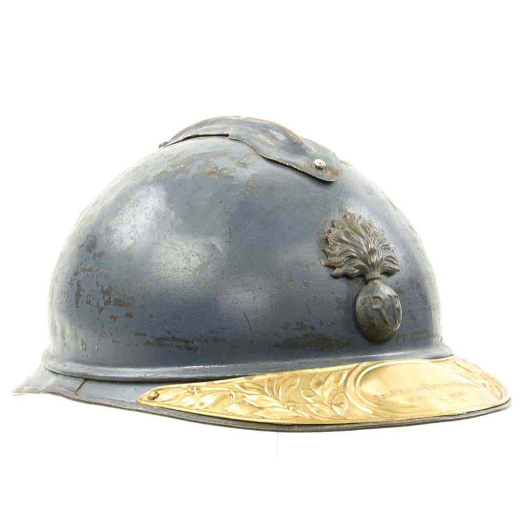 Original French M1915 Adrian Infantry Helmet with Soldat De La Grande Guerre 1914-1918 Brass Plate Original Items