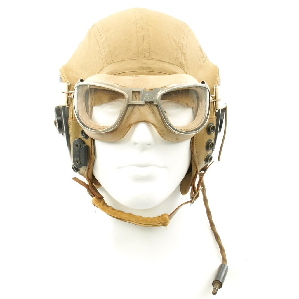 Original U.S. WWII Army Air Force Aviator Flight Set - AN6530 Clear Goggles, AN-H-15 Helmet, R-14 Receivers Original Items