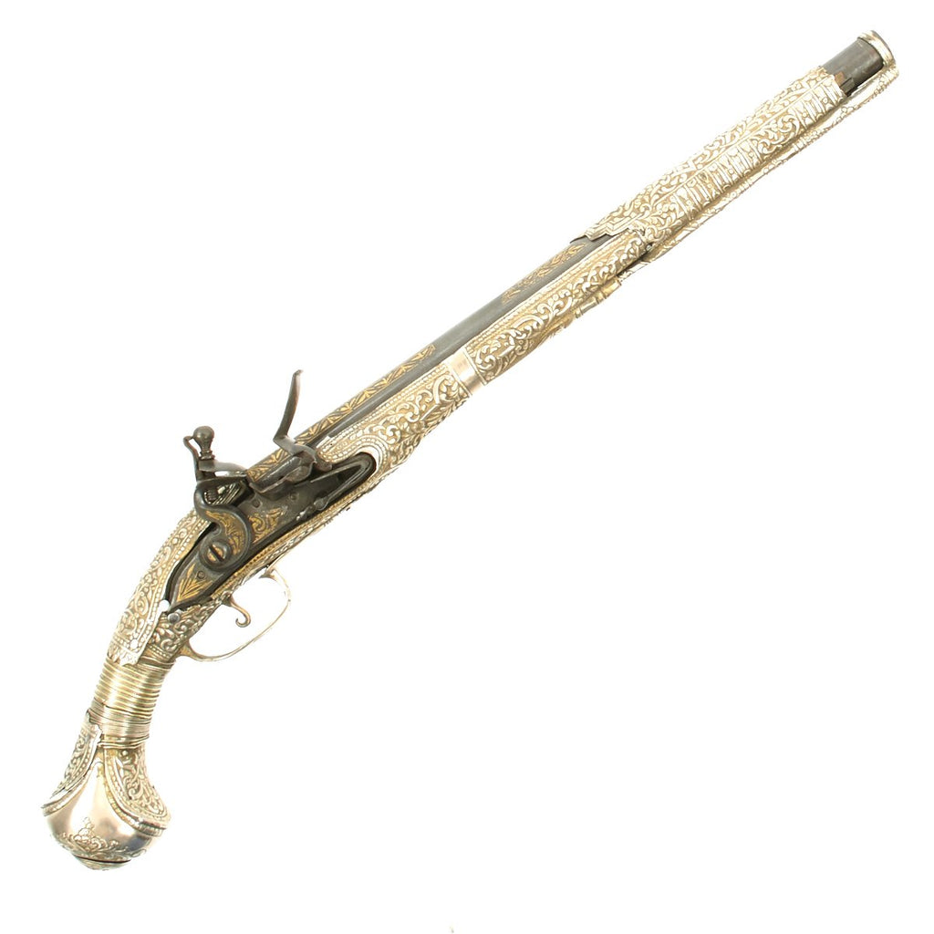 Original 19th Century Ottoman Flintlock Pistol with Embossed Silver Clad Stock -c.1800 Original Items
