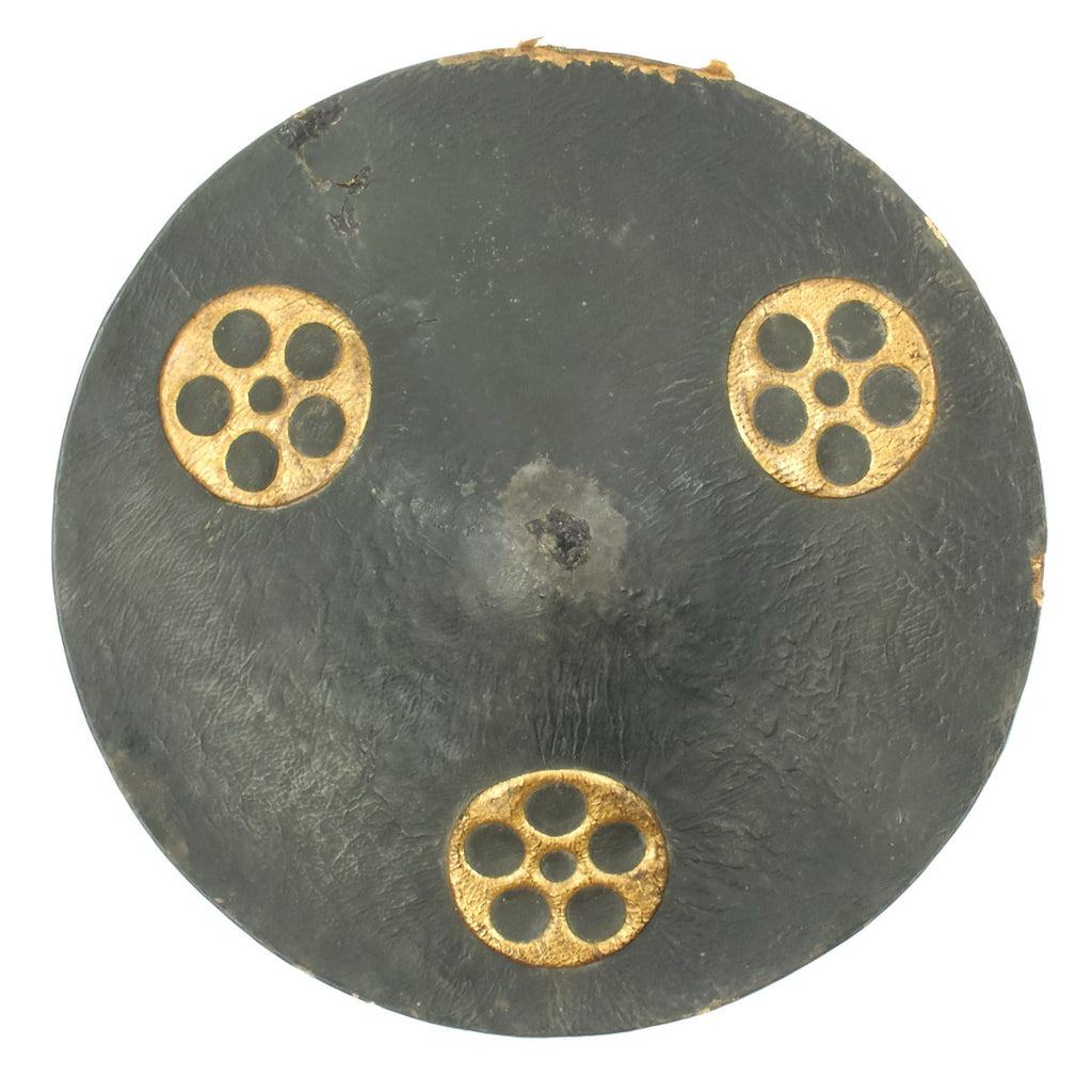 Original Japanese 19th Century Lacquered Wooden Archer's Jingasa Helmet with Family Crest c.1850 Original Items