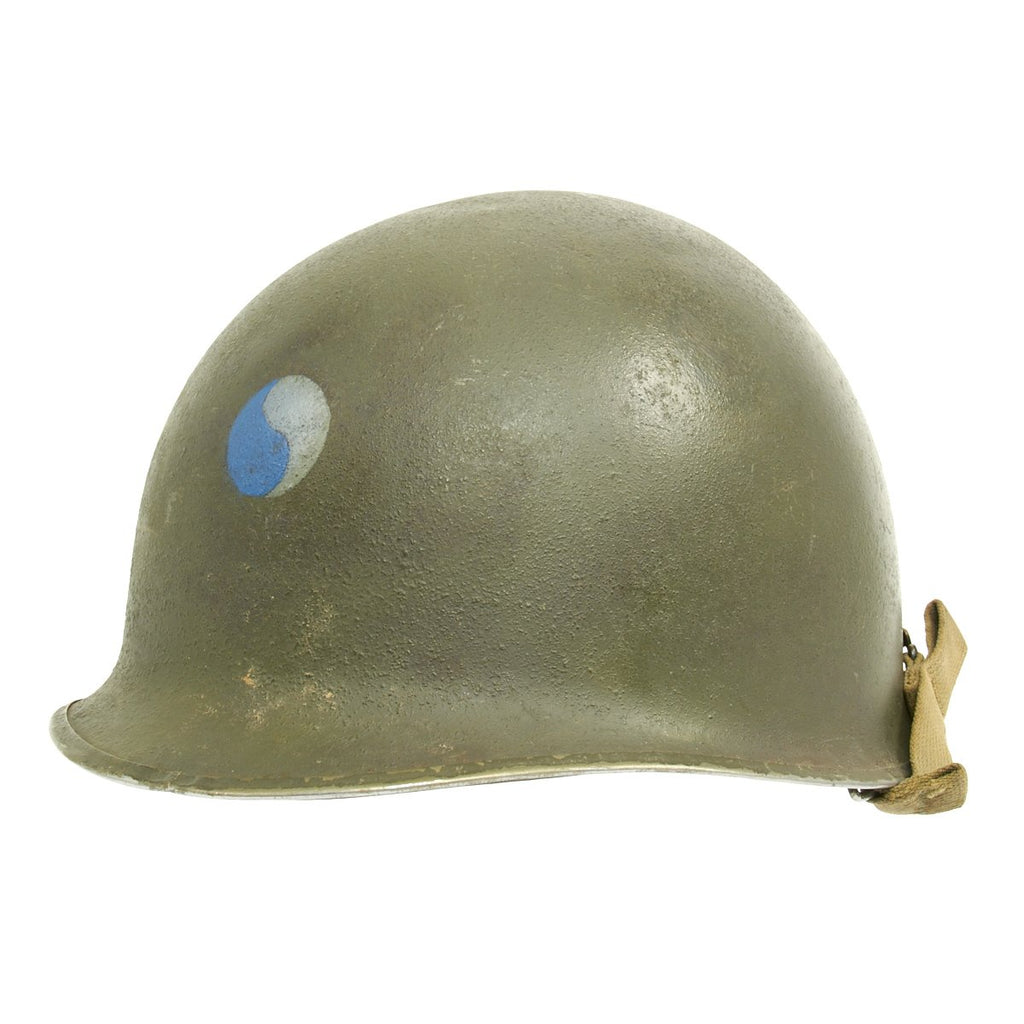Original U.S. WWII 29th Division 1942 M1 McCord Fixed Bale Front Seam Helmet with Firestone Liner Original Items