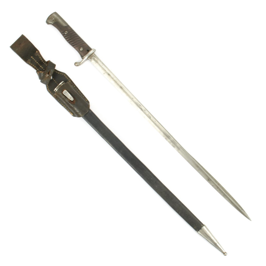 Original German-made M1898 n/A Peruvian GEW 98 Mauser Bayonet with Leather Scabbard and Frog - c.1909 Original Items
