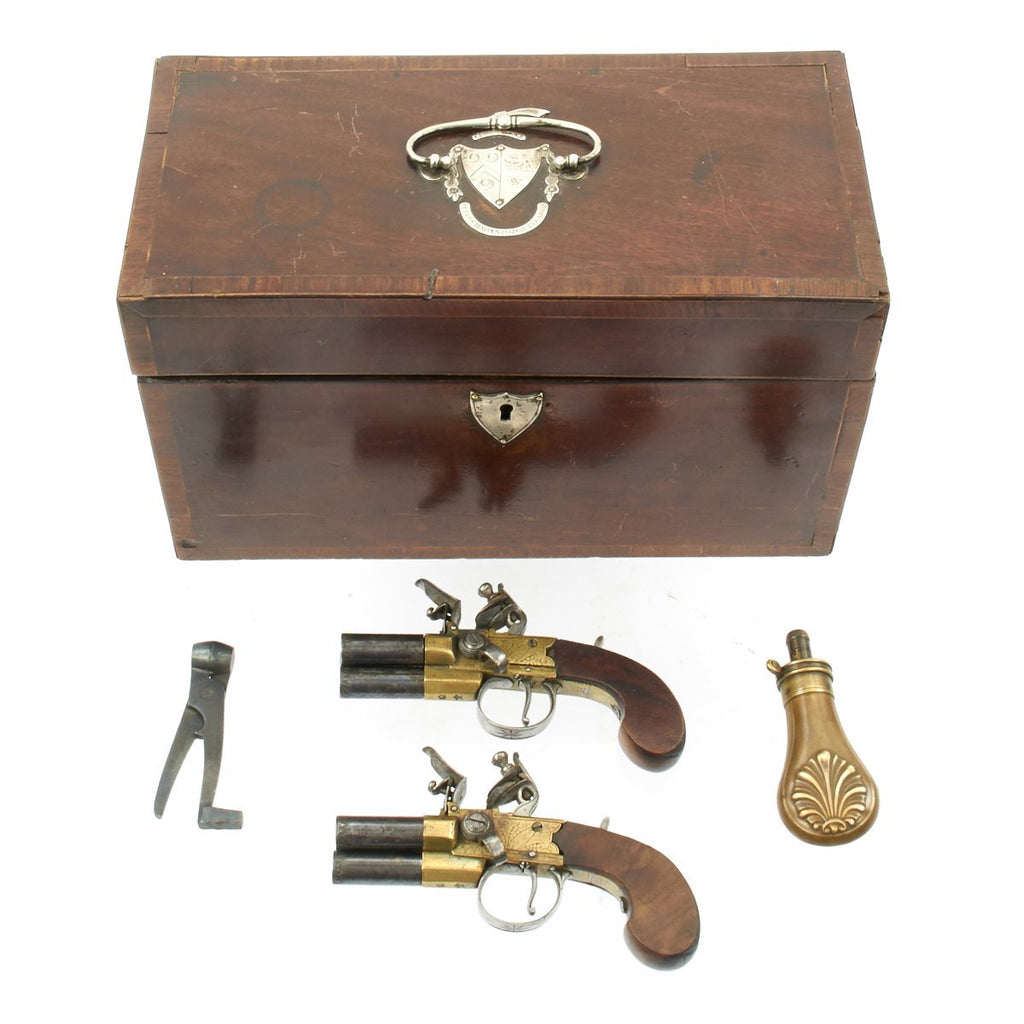 Original British 18th Century Three Barrel Flintlock Pistols Concealed in Tea Caddy - Named to Sydney Family Original Items