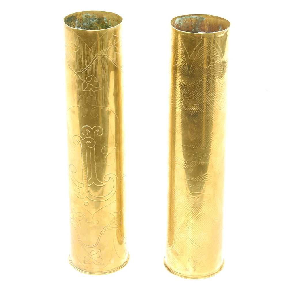 Original WWI Allied Pair of Trench Art Engraved French 75mm Artillery Shell Casings Original Items