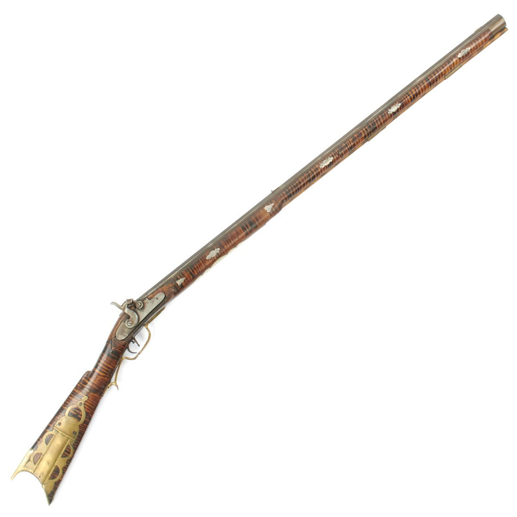 Original U.S. Pennsylvania Percussion Long Rifle with Faux Tiger Striping and Brass Patch Box - c.1840 Original Items