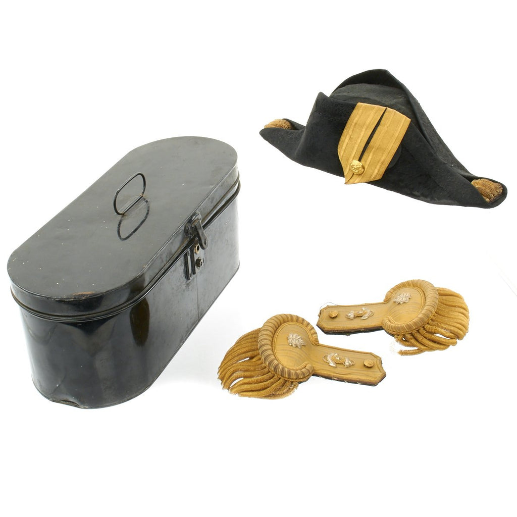 Original U.S. 19th Century Naval Commander Fore-and-Aft Hat with Epaulettes in Tin Original Items