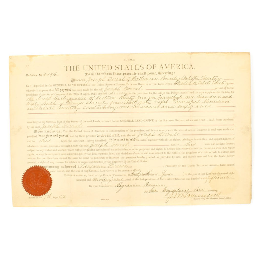 Original U.S. Presidential Dakota Territory Land Grant Certificate signed Benjamin Harrison - Dated 1891 Original Items