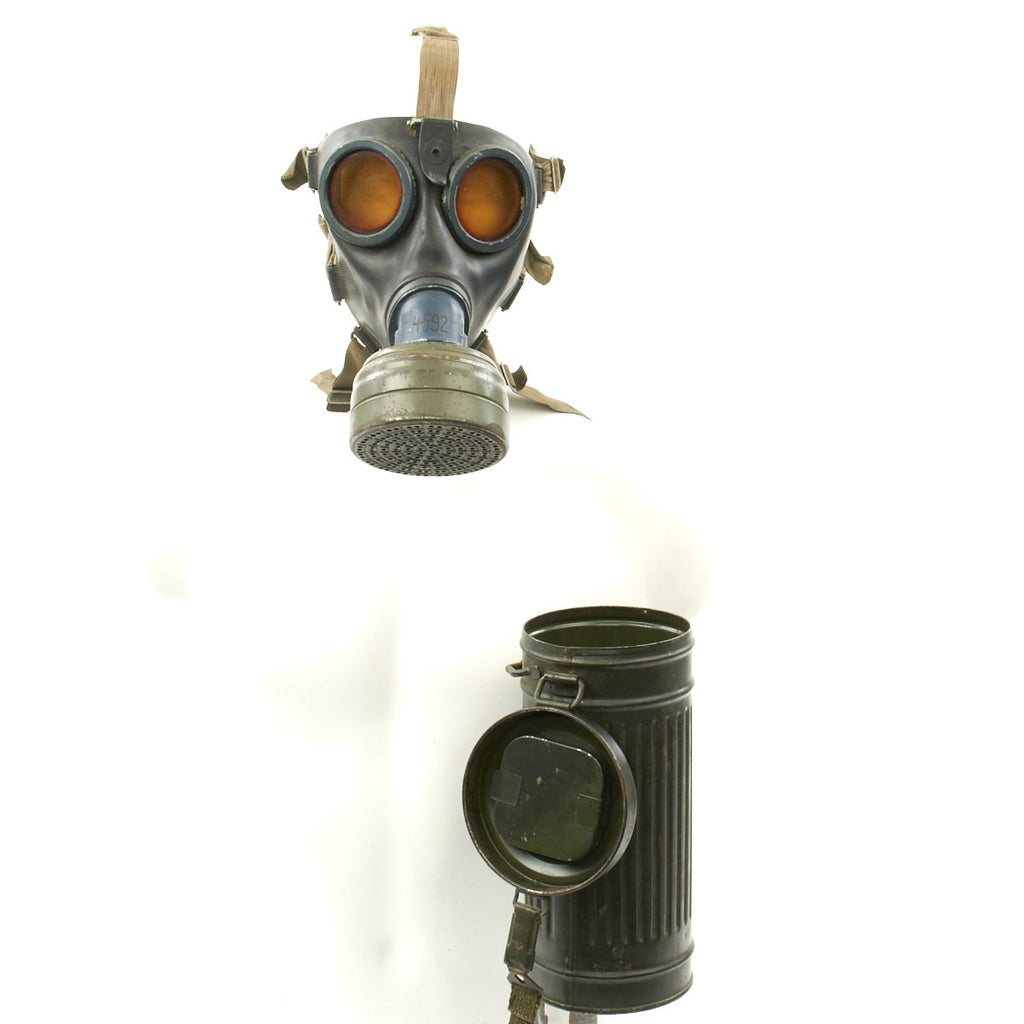 Original German WWII M38 2nd Model Gas Mask in Size 2 with Filter and Can - dated 1943 Original Items