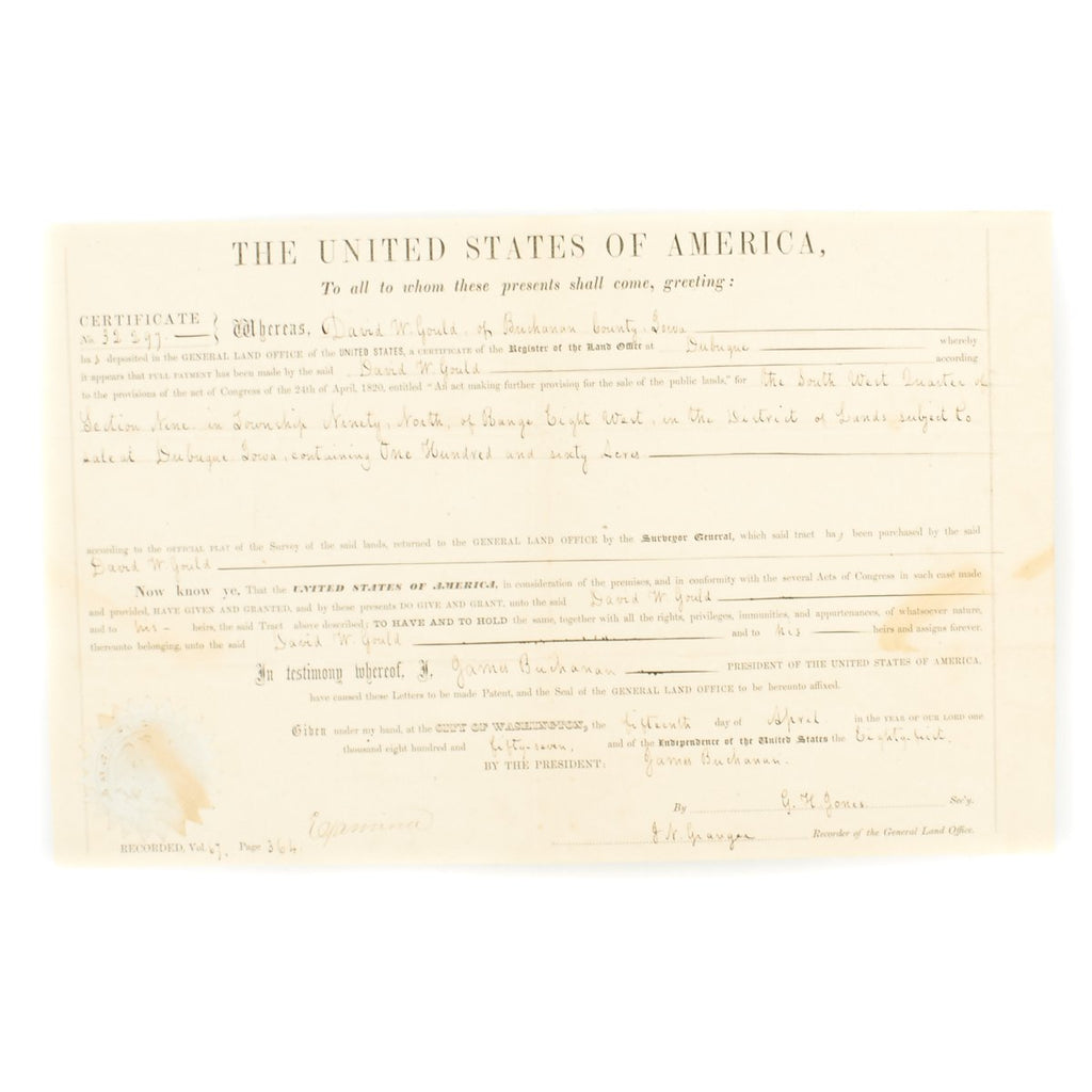 Original U.S. Presidential Land Grant Certificate signed James Buchanan - Dated 1857 Original Items
