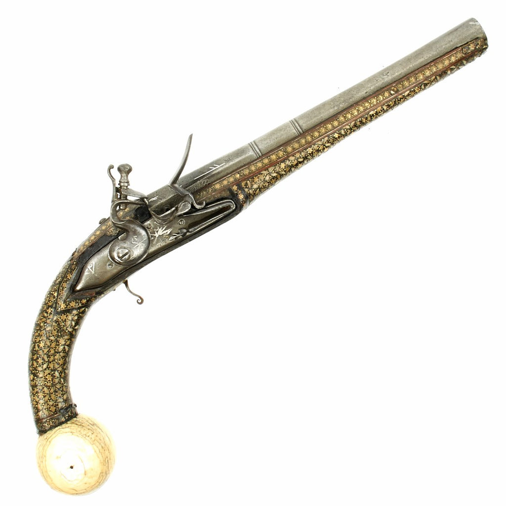 Original Early 19th Century Imperial Russian Cossack Inlaid Flintlock Pistol with Bone Ball Butt Original Items
