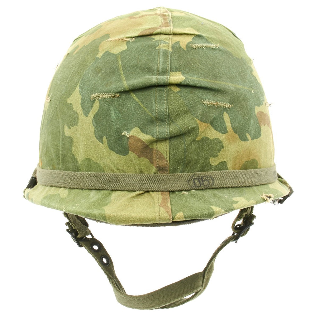 Original U.S. WWII Vietnam War M1 Paratrooper Helmet with USMC Reversible Camouflage Cover Original Items