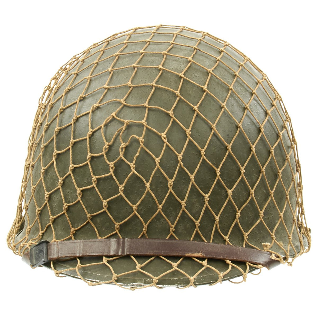 Original U.S. WWII Named Schlueter Rear Seam M1 Helmet with MSA Liner and Helmet Net Original Items