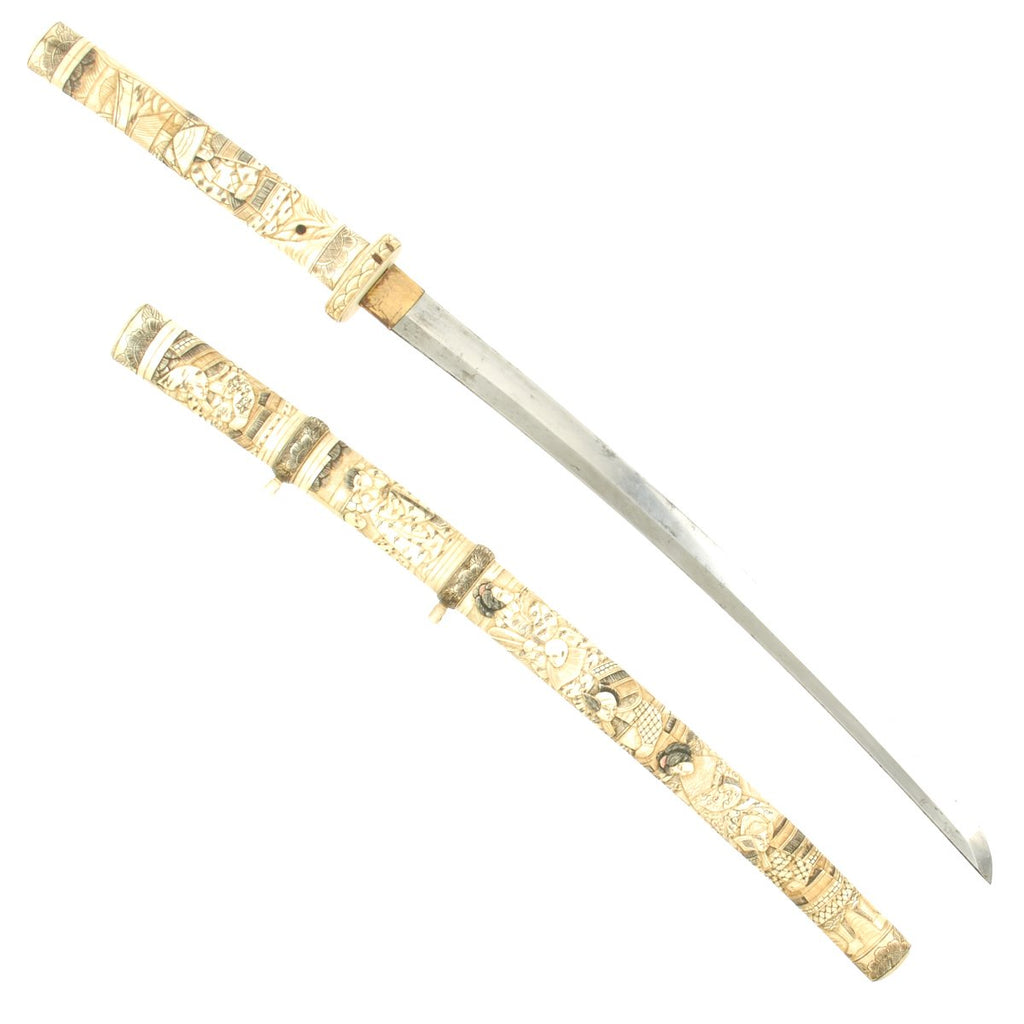 Original Japanese Wakizashi Samurai Sword Engraved Whalebone Scabbard and Handle - Ancient Handmade Signed Blade Original Items