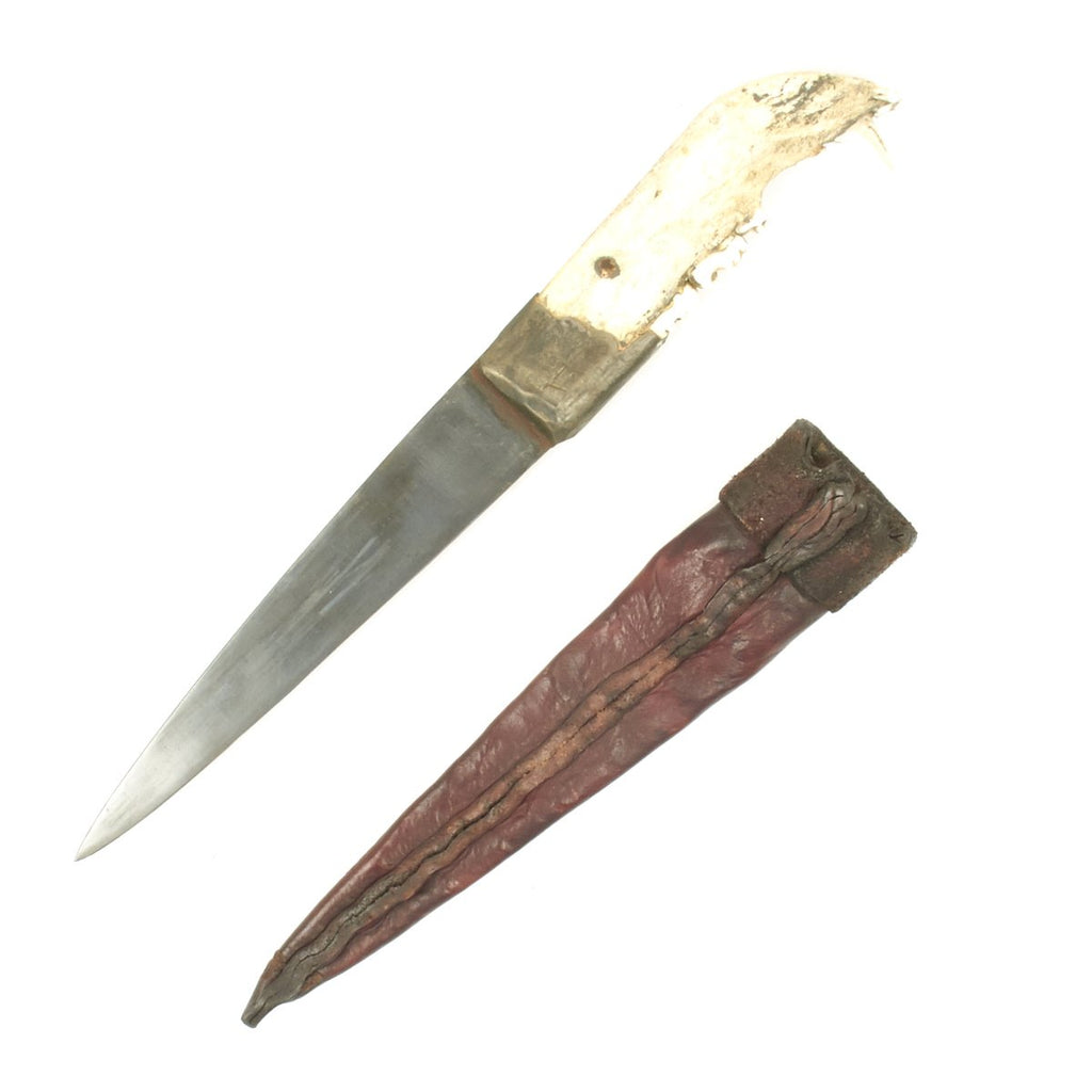 Original Wolf Jaw Bone Hilted Hunting Knife with Tooled Leather Scabbard Original Items