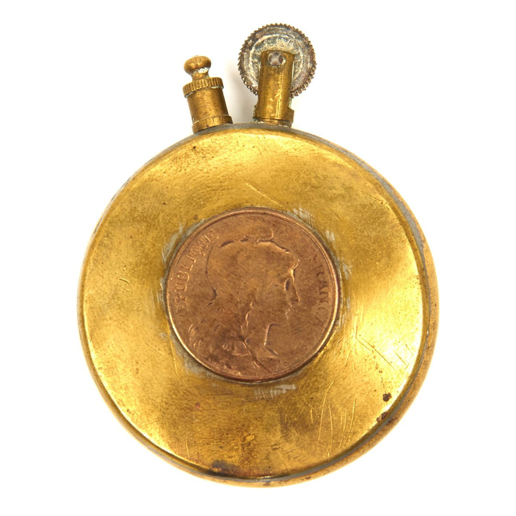 Original WW1 British / French Coin Decorated Round Brass Trench Lighter Original Items