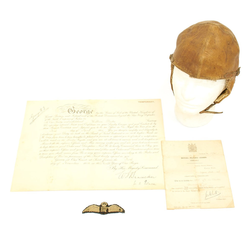 Original British WWI Royal Air Force Comission of 2nd Lt. Wallace Park with Flight Helmet and Wings Original Items