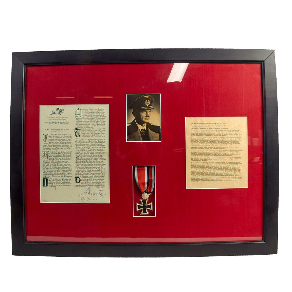 Original German WWII Admiral Karl Donitz Framed Signed “Last German Armed Forces Message of World War II” Copy and Photo of With Replica Knights Cross With Oakleaves - 31” x 25” Original Items
