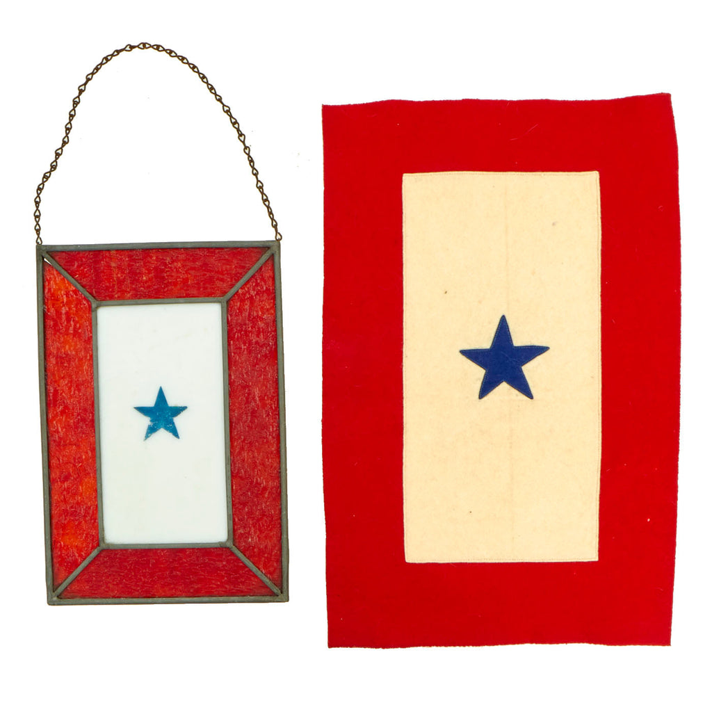 Original U.S. WWII Homefront Blue Star Service Stained Glass Window and Felt Banner Original Items