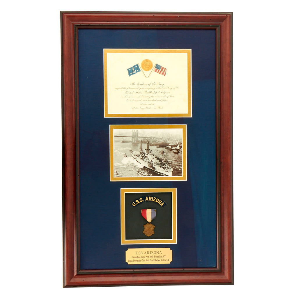 Original U.S. WWI Era U.S.S. Arizona Framed Launch Ceremony Invitation With Launch Medal Constructed of Recycled USS Maine Gun Barrel Metal - 26” x 16” Original Items