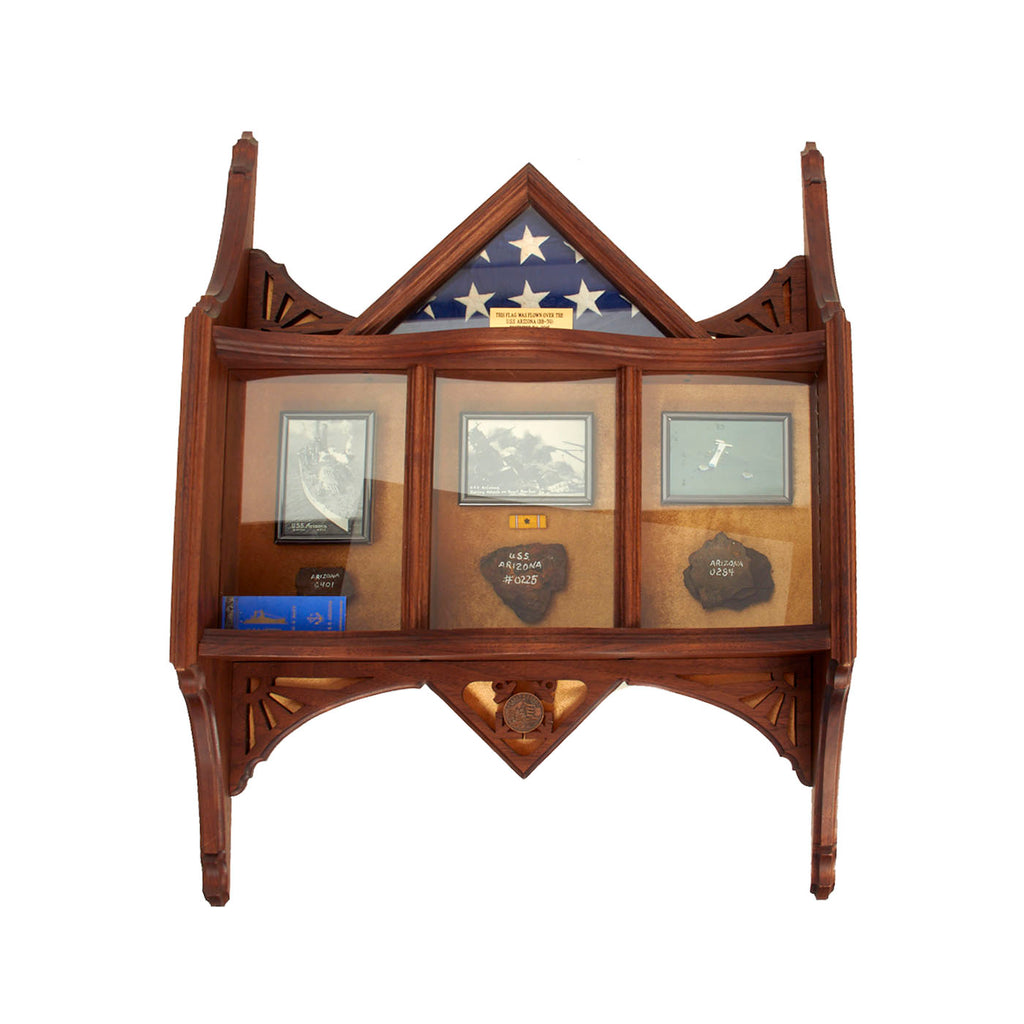 Original U.S. WWII USS Arizona Ship Superstructure Fragments Shadowbox Featuring American Flag That Was Flown Over The USS Arizona Memorial On December 7, 2015 - Original US Navy COAs Included From 1996 Dive Original Items