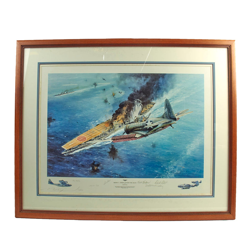 Original U.S. Signed Artwork: “Midway - Strike Against The Akagi” Signed by Lt. Cmdr. Dick Best, Cmdr. Bill Esders, Maj. Gen. Marion Carl, Capt. Scott McCuskey, Capt. Robert Elder and Capt. Jack Reid - Framed 38 ½” x 30 ½” Original Items