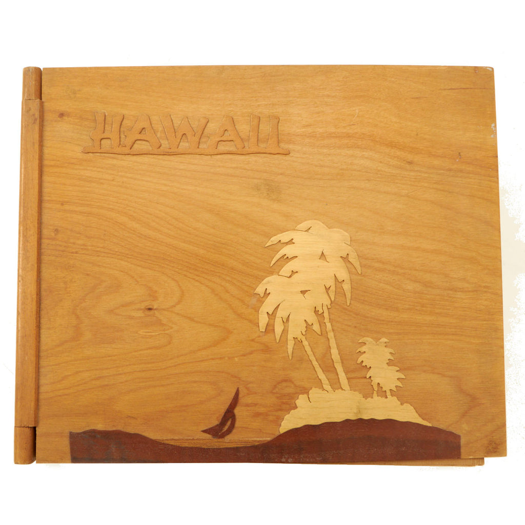 Original U.S. WWII US Navy Hawaiian Service Carved Wooden Personal Photo Album Featuring Pictures of Pearl Harbor Original Items