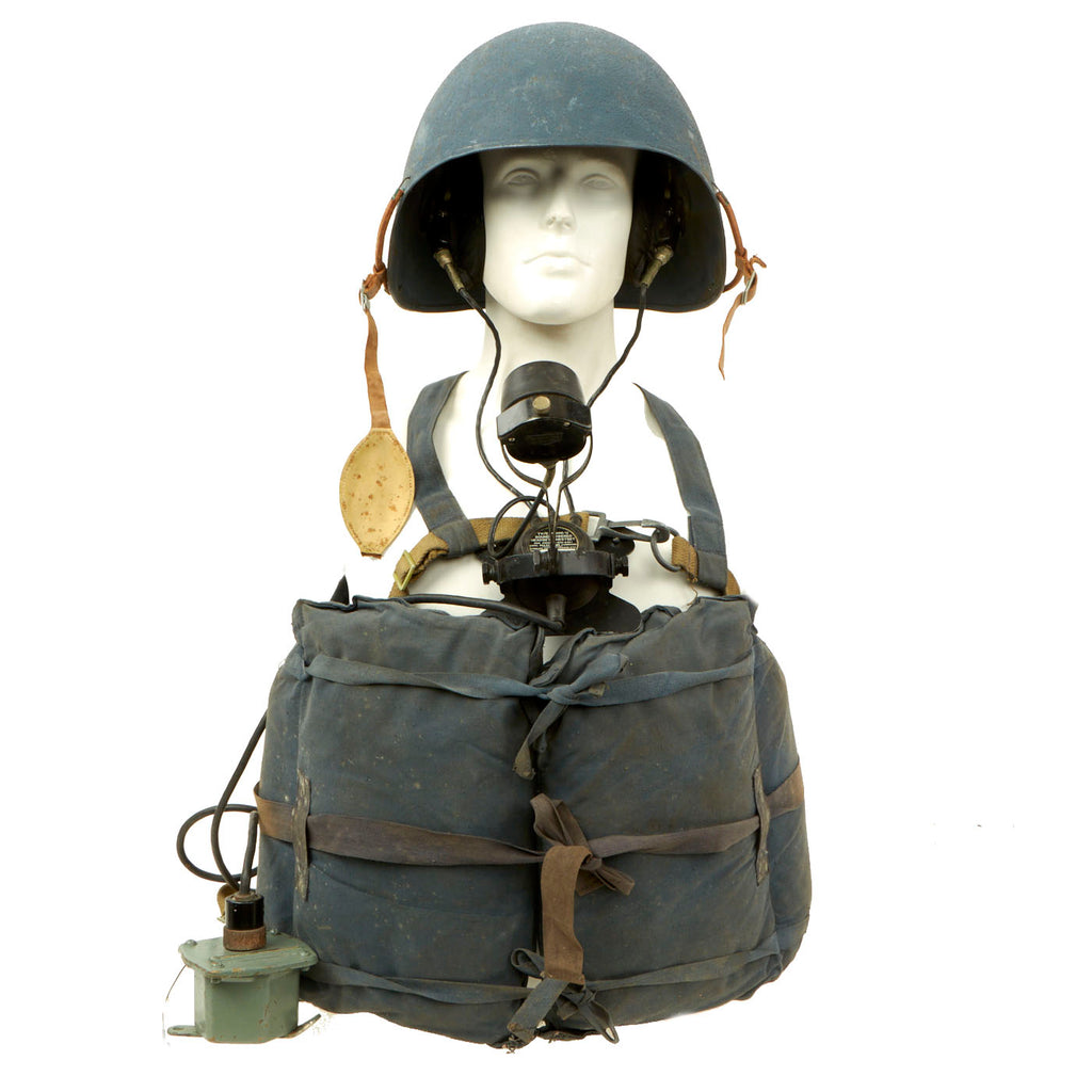 Original U.S. WWII U.S. Navy Talker Helmet With Sound Powered Phone and KAPOK Knapsack Life Jacket Group Original Items