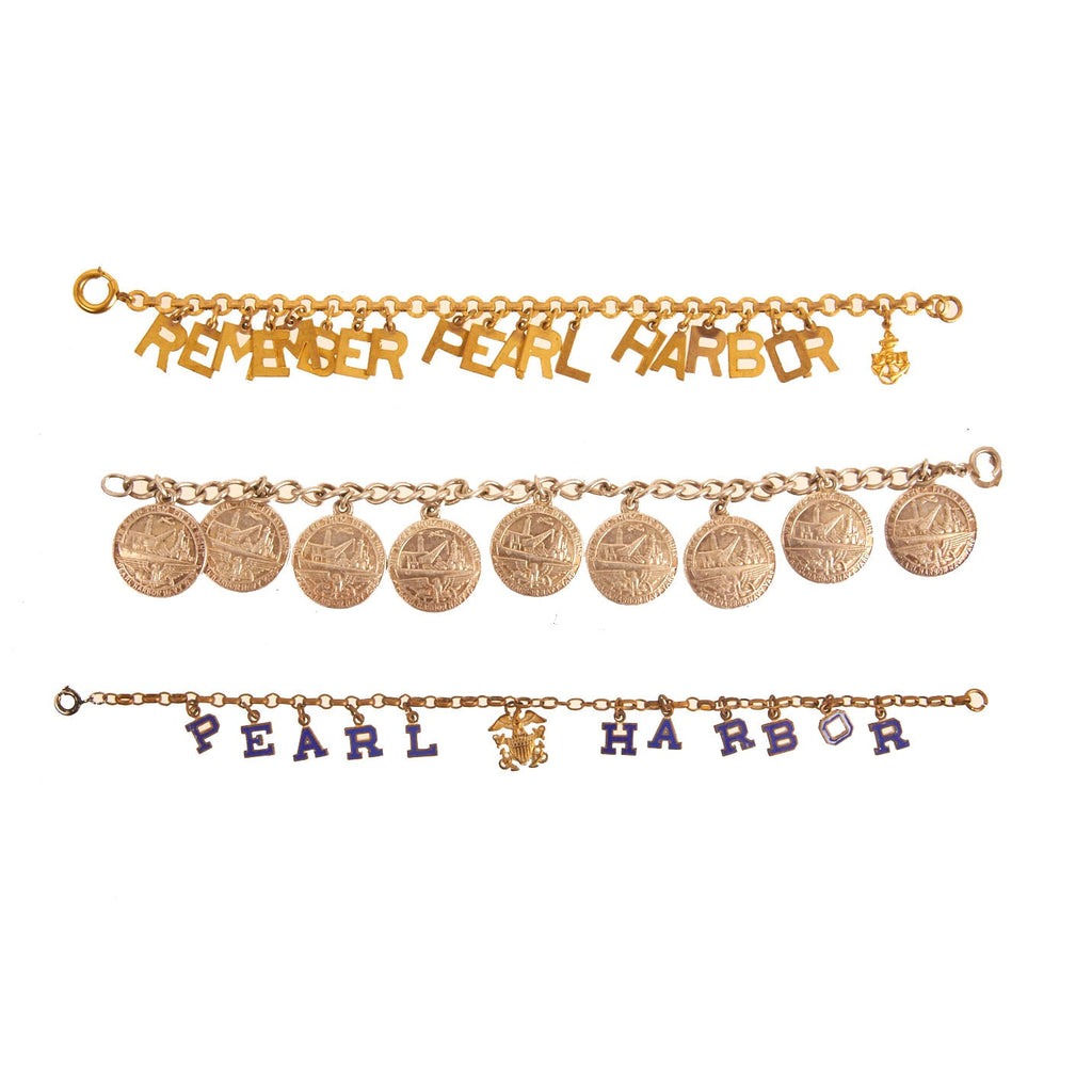 Original U.S. WWII “Remember Pearl Harbor” Charm Bracelet Set - 3 Items Original Items