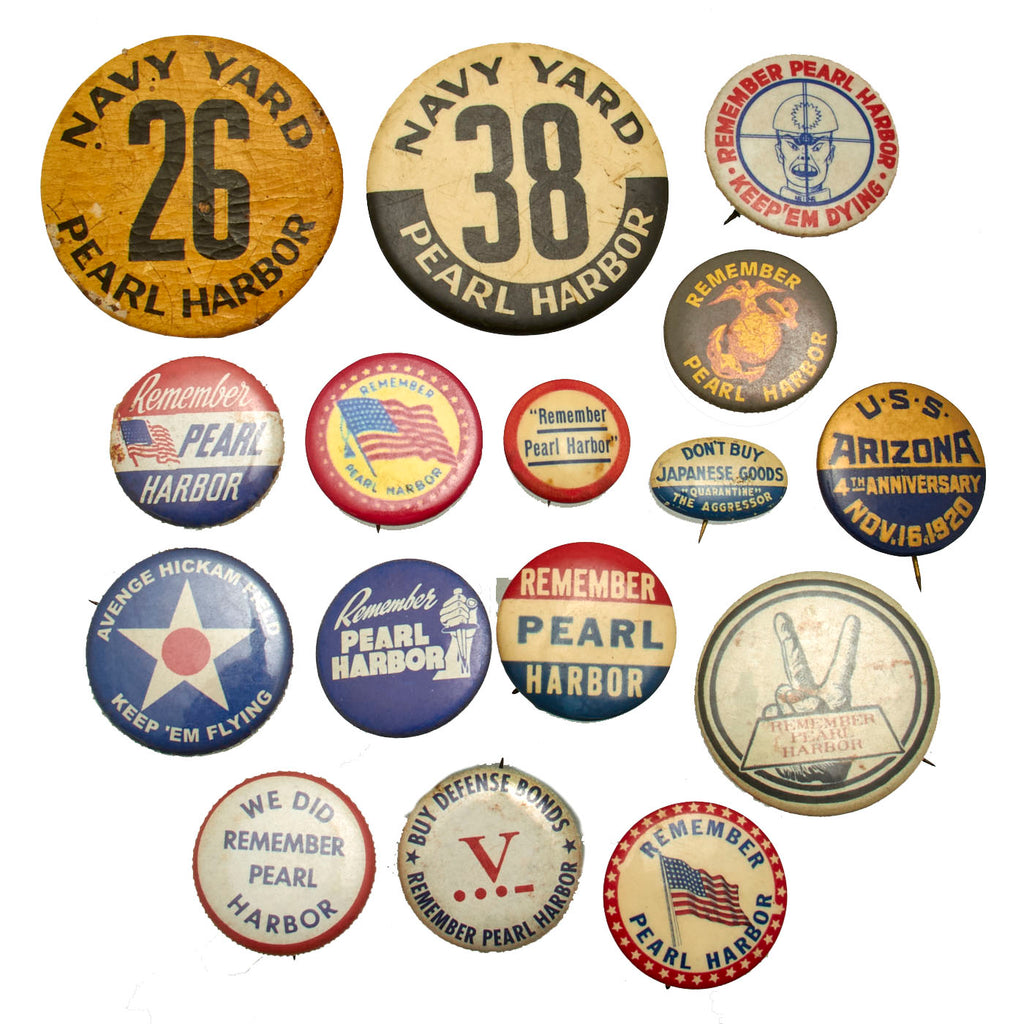 Original U.S. WWII “Remember Pearl Harbor” Patriotic Pin Lot - 16 Pins Original Items