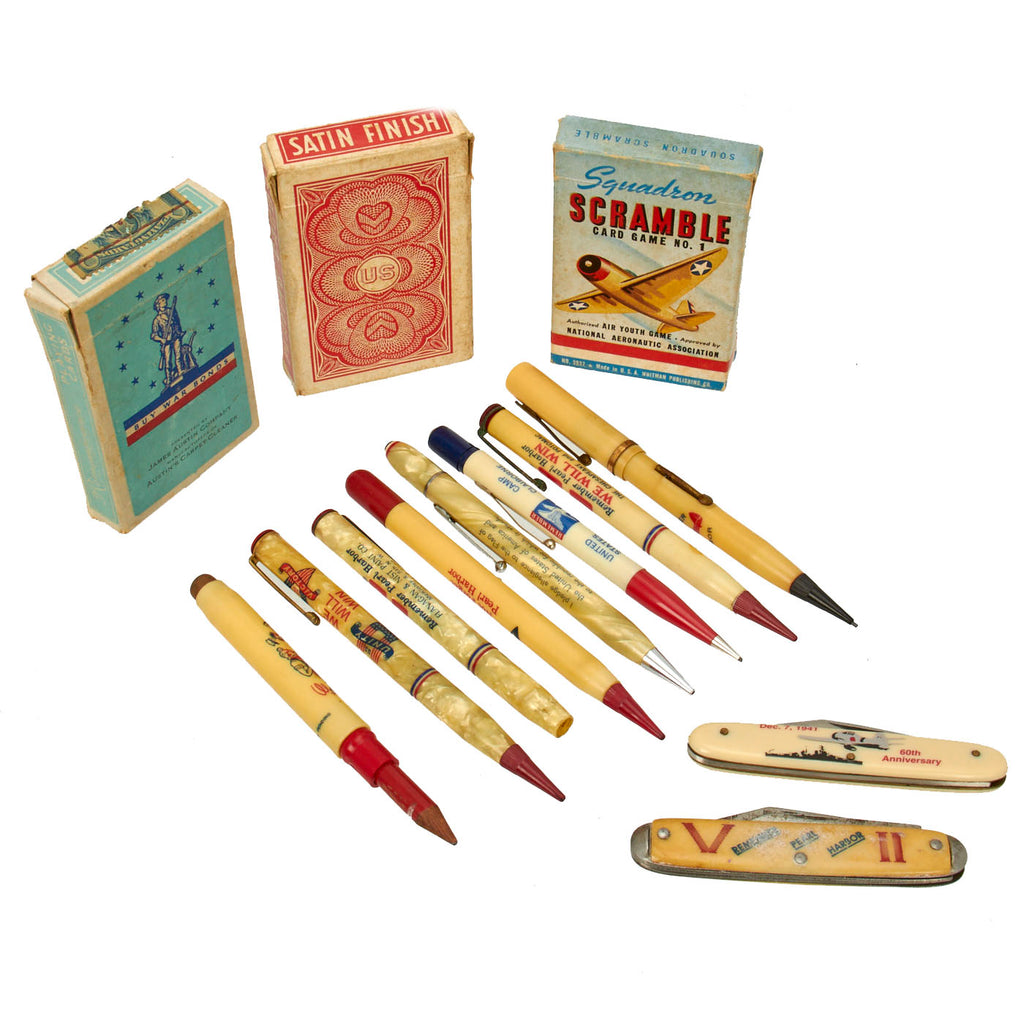 Original U.S. WWII Homefront Patriotic Ephemera Lot - Remember Pearl Harbor - Playing Cards, Pens, Pencils & Knives - 13 Items Original Items