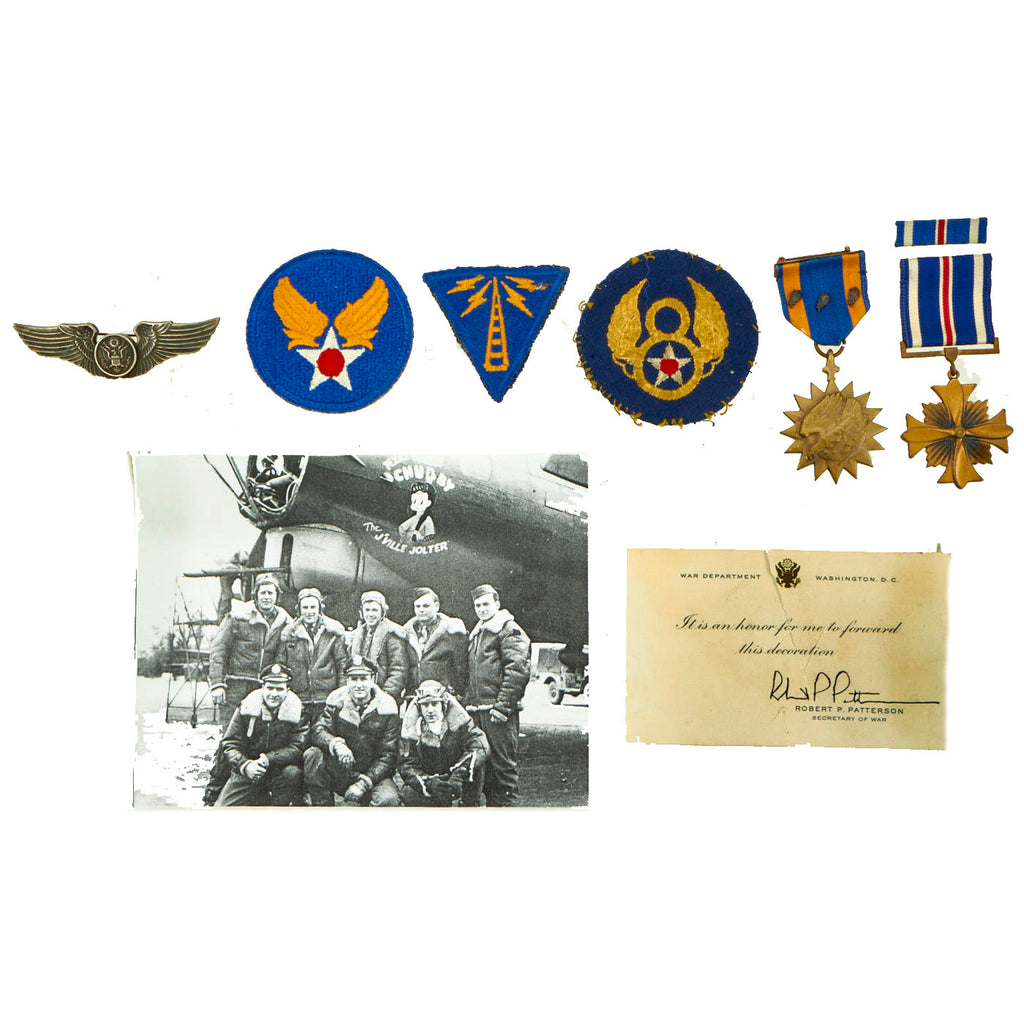 Original U.S. WWII 8th Army Air Force, 91st Bomb Group, 322nd Bomb Squadron Engraved Distinguished Flying Cross Grouping For T/Sgt Nelson Hillock, Radioman on the B-17 “Texas Chubby The J’Ville Jolter” - 8 Items Original Items